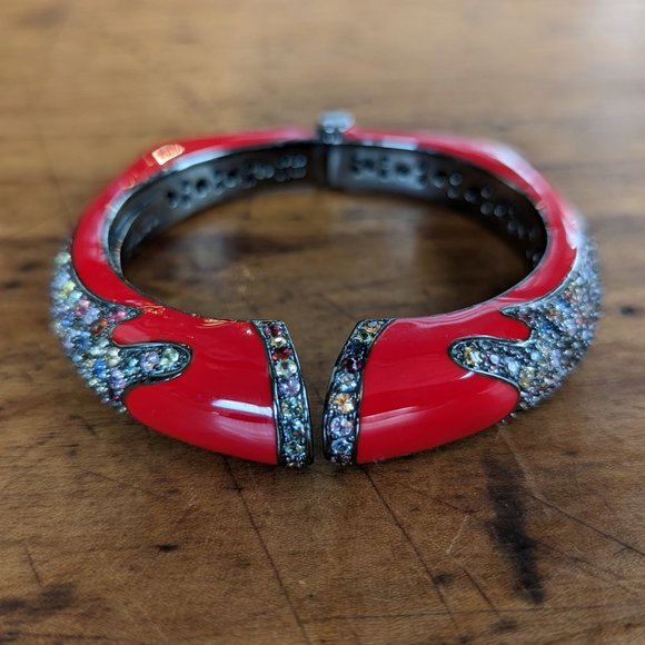 Rina Limor Red Enamel Bracelet 925 Sterling Silver Clamper Bangle Cuff Signed - Picture 2 of 7